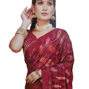 Women's Shimmer Chiffon Sequence sparkly work Saree With Unstitched Blouse Piece , Mehroon color (Pack of one)