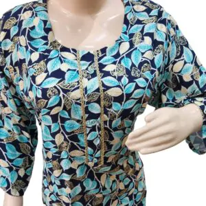 Beautiful kurti with Blue Gold leaves work(kurta only)