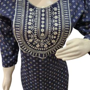 Blue kurti with dotted print and golden embroidery work (kurta only), blend cotton , single