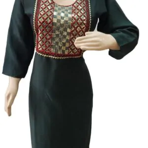 Straight Green kurti with red gold embroidery lace work (kurta only), blend cotton , single