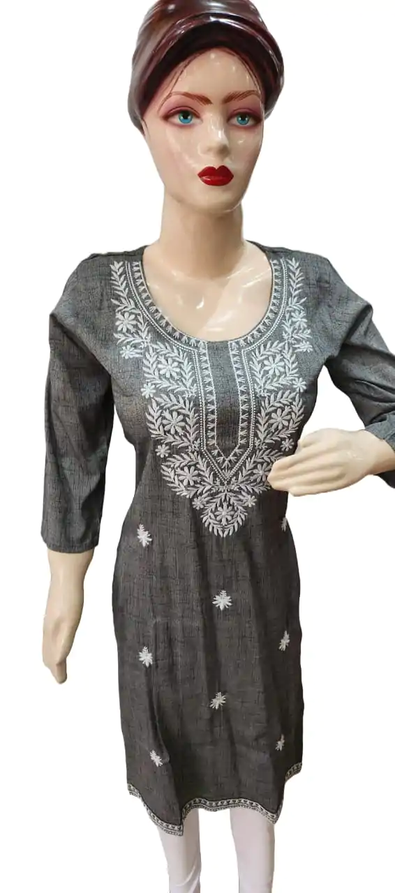 Simple grey kurti with white embroidery work(kurta only), blend cotton , single - Image 2