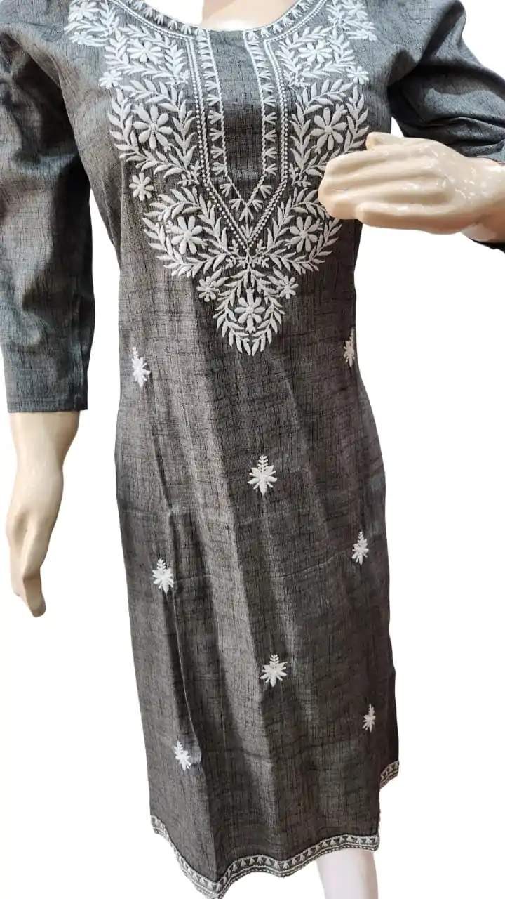 Simple grey kurti with white embroidery work(kurta only), blend cotton , single - Image 4