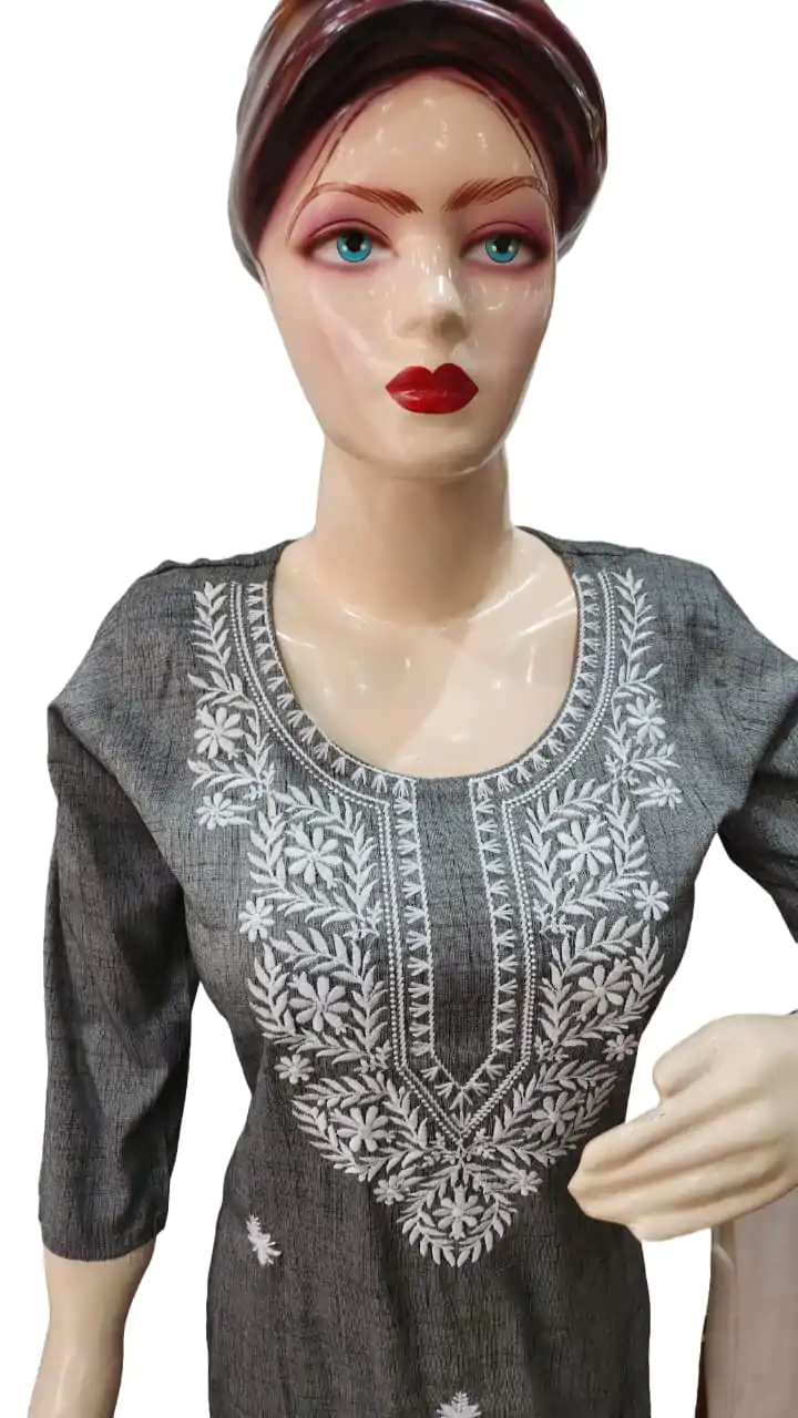 Simple grey kurti with white embroidery work(kurta only), blend cotton , single - Image 3