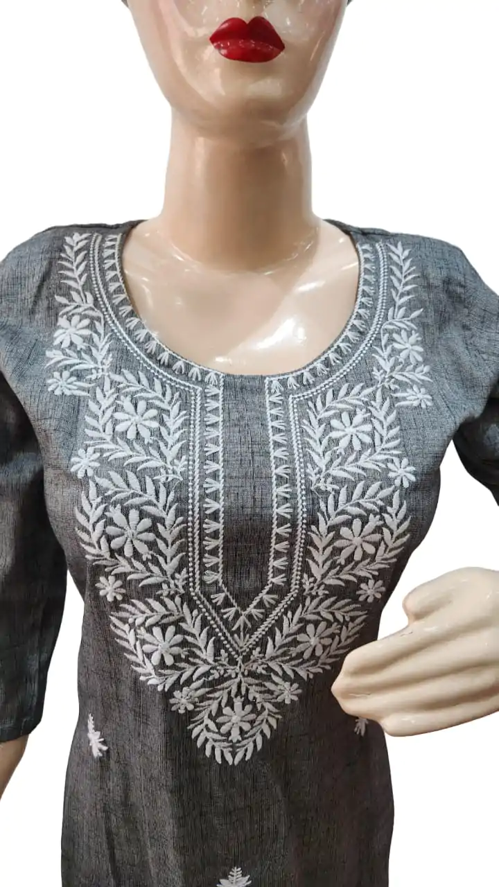 Simple grey kurti with white embroidery work(kurta only), blend cotton , single
