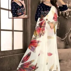 Feathers print Rabdi soft chiffon Saree With Unstitched Blouse Piece , cream color (Pack of 1)