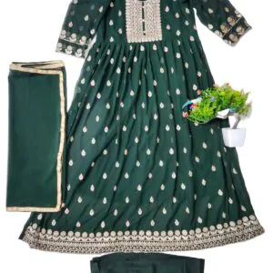 Embroidered Georgette Stitched Flared/Anarkali Gown (Green) with bottom lagging dupatta set , Free Size