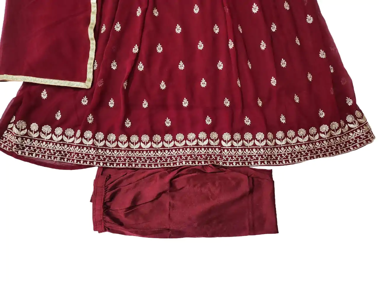 Embroidered Georgette Stitched Flared/Anarkali Gown (Mehroon) with bottom lagging dupatta set - Image 6