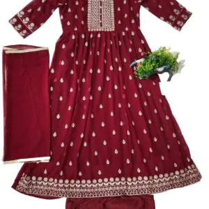 Embroidered Georgette Stitched Flared/Anarkali Gown (Mehroon) with bottom lagging dupatta set