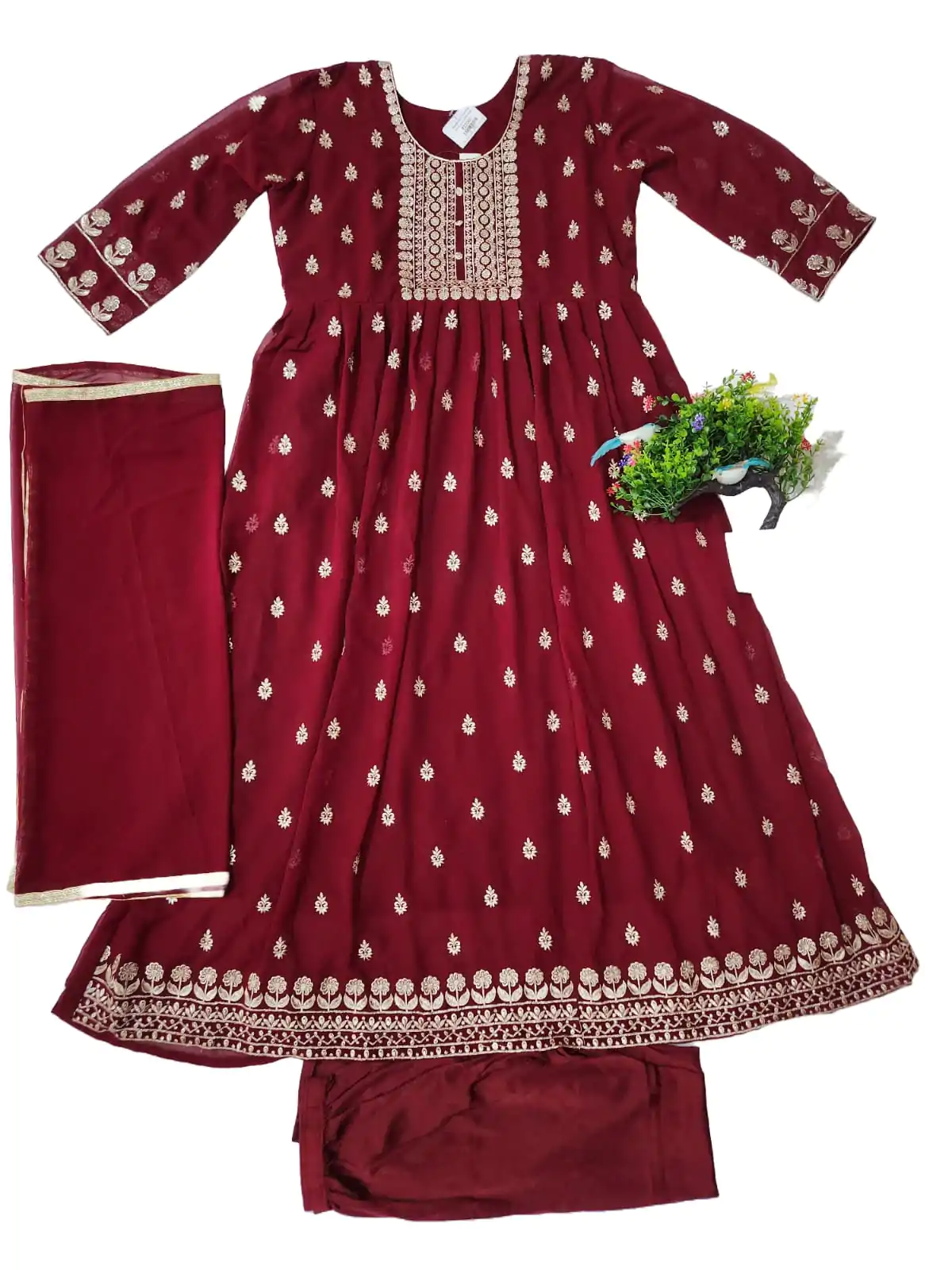 Embroidered Georgette Stitched Flared/Anarkali Gown (Mehroon) with bottom lagging dupatta set