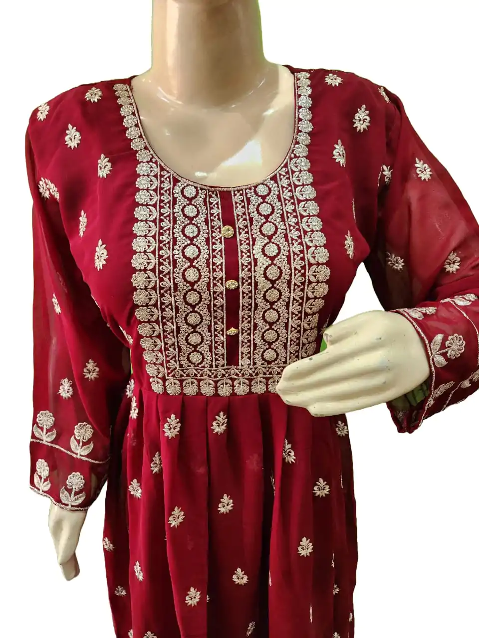 Embroidered Georgette Stitched Flared/Anarkali Gown (Mehroon) with bottom lagging dupatta set - Image 3