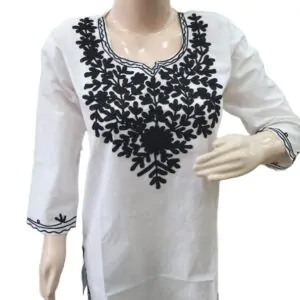 Womens & Girls Casual Regular Short Kurti Top Blend Cotton Embroidery Print (Bust Size : 40 in, Size Length: 44 in)