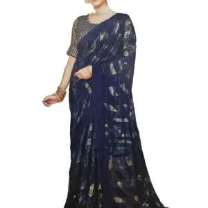 Women's Shimmer Chiffon Sequence sparkly work Saree With Unstitched Blouse Piece , Blue color (Pack of one)