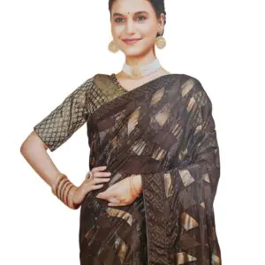 Women's Shimmer Chiffon Sequence sparkly work Saree With Unstitched Blouse Piece , Brown color (Pack of one)