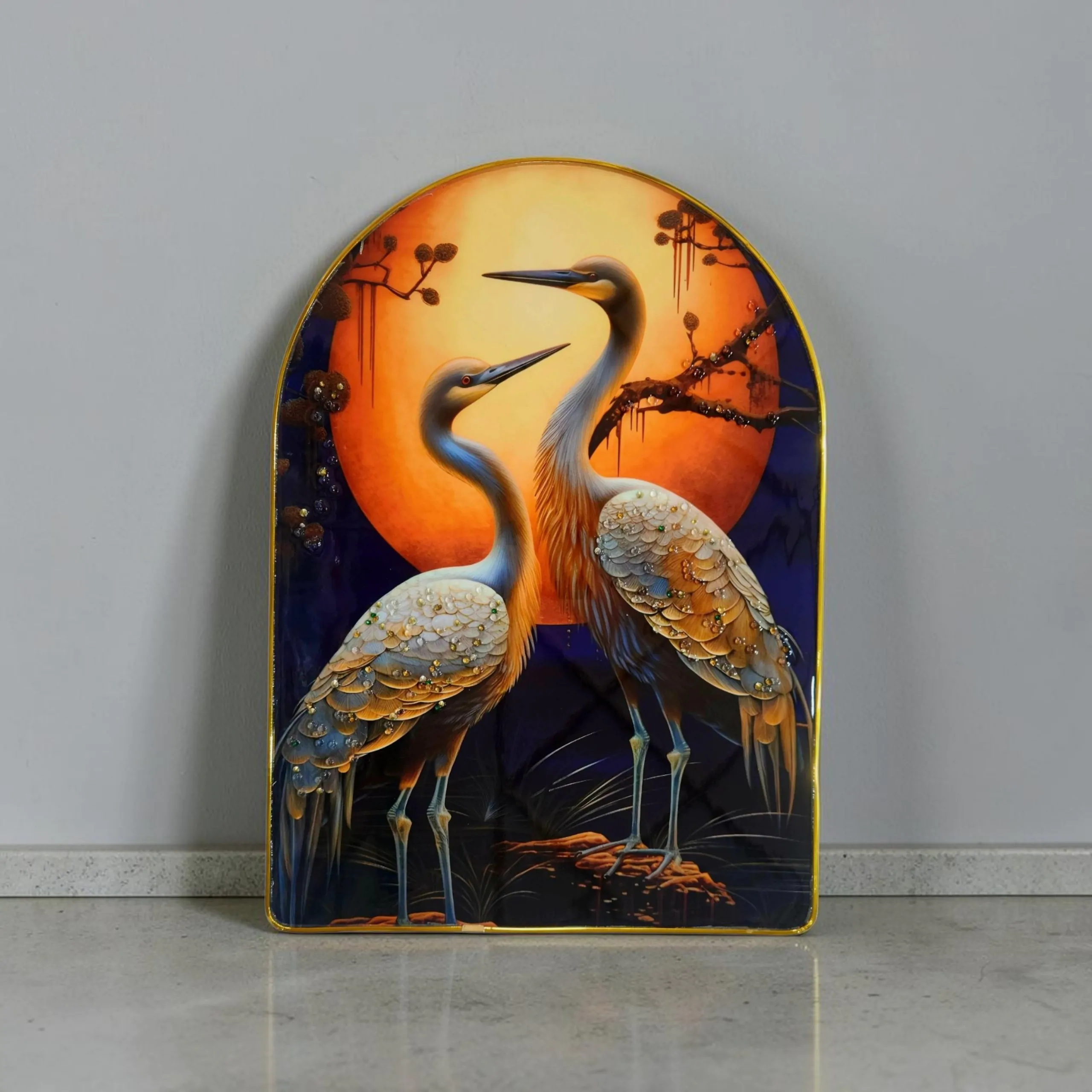 Premium Epoxy Glossy Crystal Crane Couple Painting with Gold Slim Frame | 3D Luxury Bird Wall Art for Home, Office & Living Room | Ready to Hang | 12 x 18 Inches - Image 4