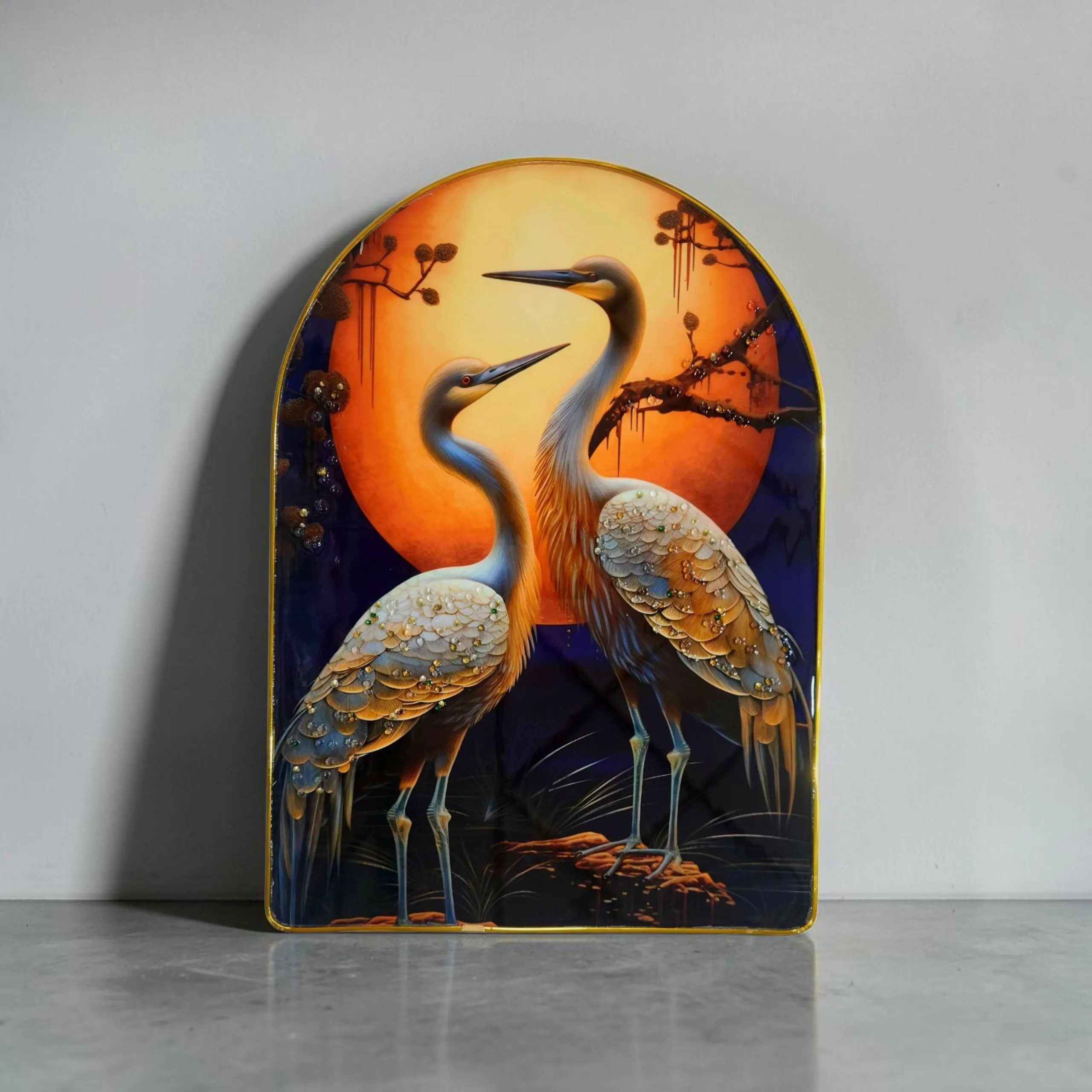 Premium Epoxy Glossy Crystal Crane Couple Painting with Gold Slim Frame | 3D Luxury Bird Wall Art for Home, Office & Living Room | Ready to Hang | 12 x 18 Inches - Image 3