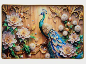 Premium Epoxy Glossy Crystal Peacock Painting with Gold Slim Frame | 3D Luxury Floral Wall Art for Home, Office & Living Room | Ready to Hang | 18 x 12 Inches