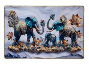 Premium Epoxy Glossy Crystal Elephant Family Painting with Gold Slim Frame | 3D Luxury Wall Art for Home, Office & Living Room | Ready to Hang | 18 x 12 Inches