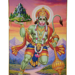 Crystal stone Bajrangbali Lord Hanuman carrying parvat Painting Embedded Golden Frame | Size 12 inch x 18 inch