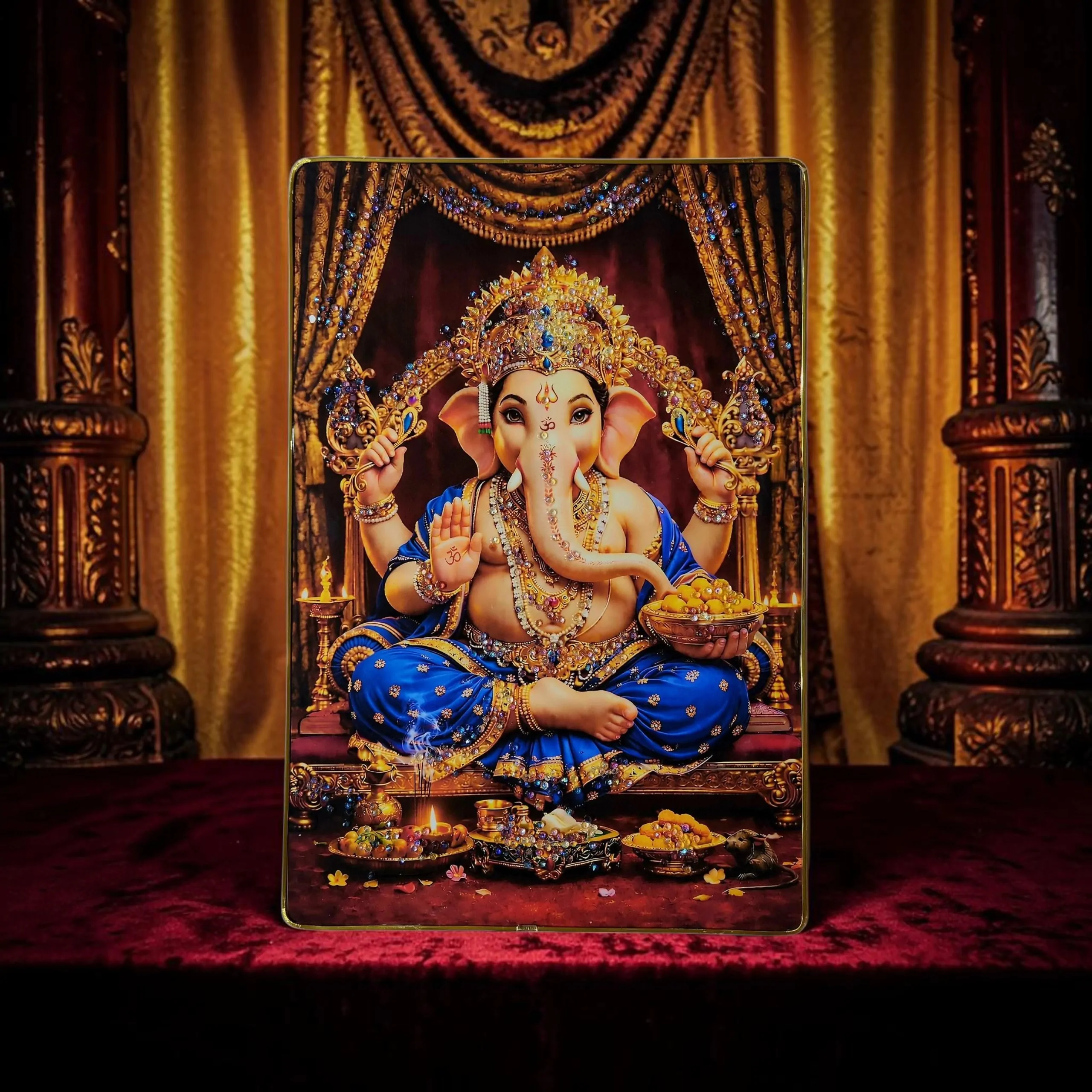 Lord Ganesha Wall Painting with Crystal Stones High Gloss Surface Embedded on Gold Slim Frame Embossed, Wall Hanging Photos Home Décor Wall Art For Living Room, Bedroom, Drawing room  | Size 12 inch x 18 inch - Image 6