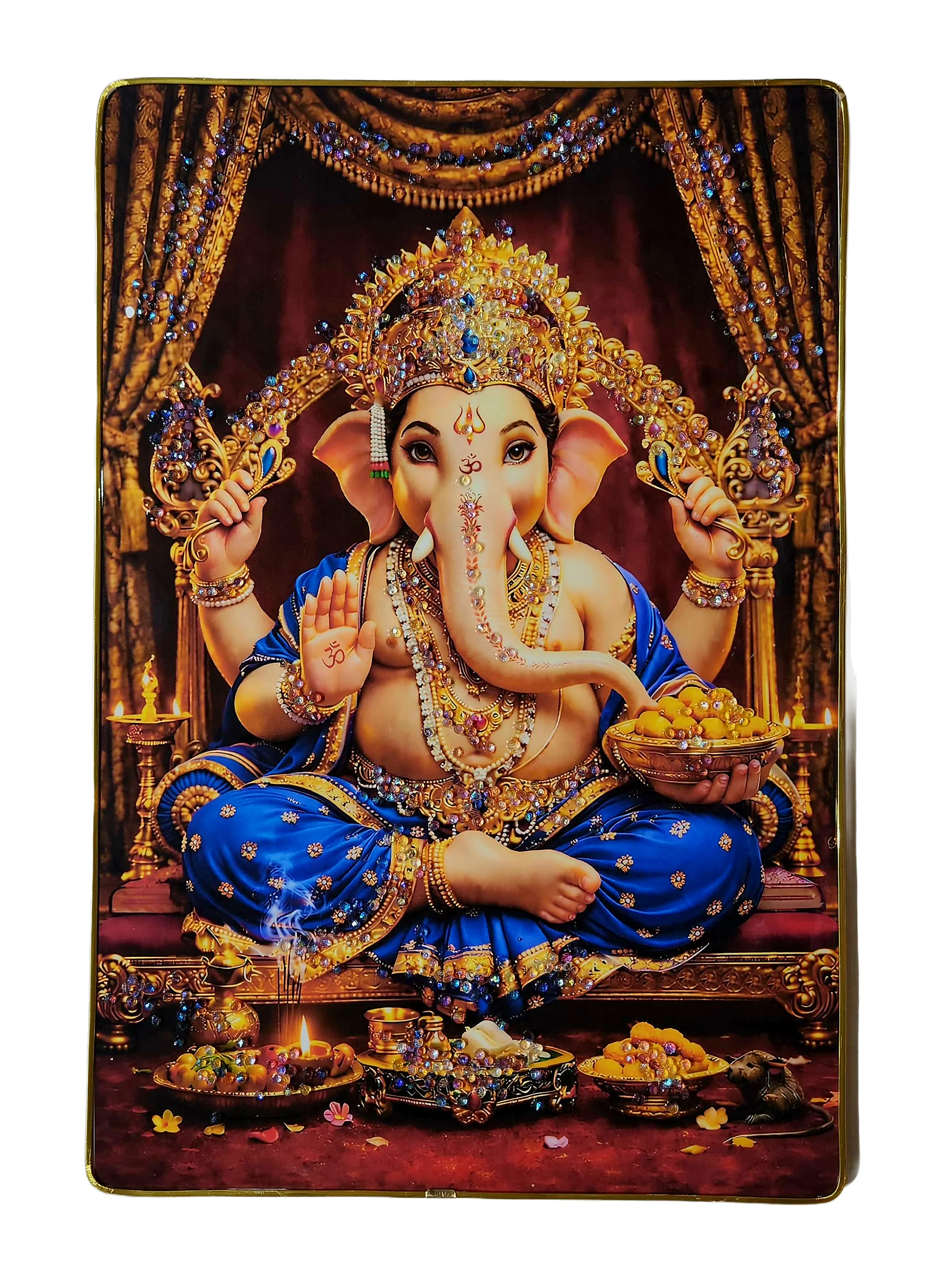 Lord Ganesha Wall Painting with Crystal Stones High Gloss Surface Embedded on Gold Slim Frame Embossed, Wall Hanging Photos Home Décor Wall Art For Living Room, Bedroom, Drawing room  | Size 12 inch x 18 inch