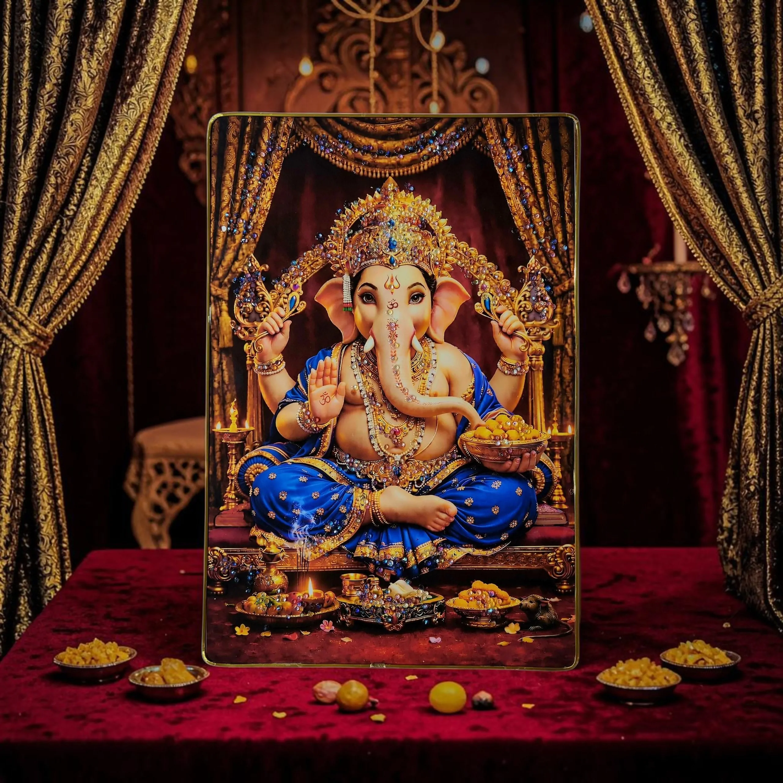 Lord Ganesha Wall Painting with Crystal Stones High Gloss Surface Embedded on Gold Slim Frame Embossed, Wall Hanging Photos Home Décor Wall Art For Living Room, Bedroom, Drawing room  | Size 12 inch x 18 inch - Image 4