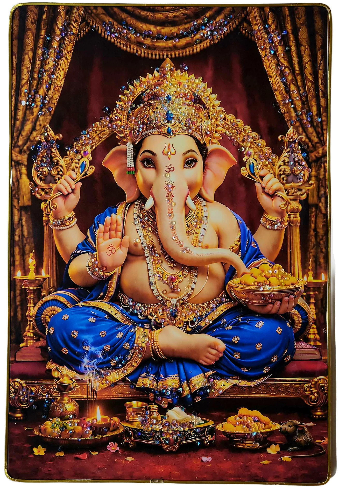 Lord Ganesha Wall Painting with Crystal Stones High Gloss Surface Embedded on Gold Slim Frame Embossed, Wall Hanging Photos Home Décor Wall Art For Living Room, Bedroom, Drawing room  | Size 12 inch x 18 inch - Image 3