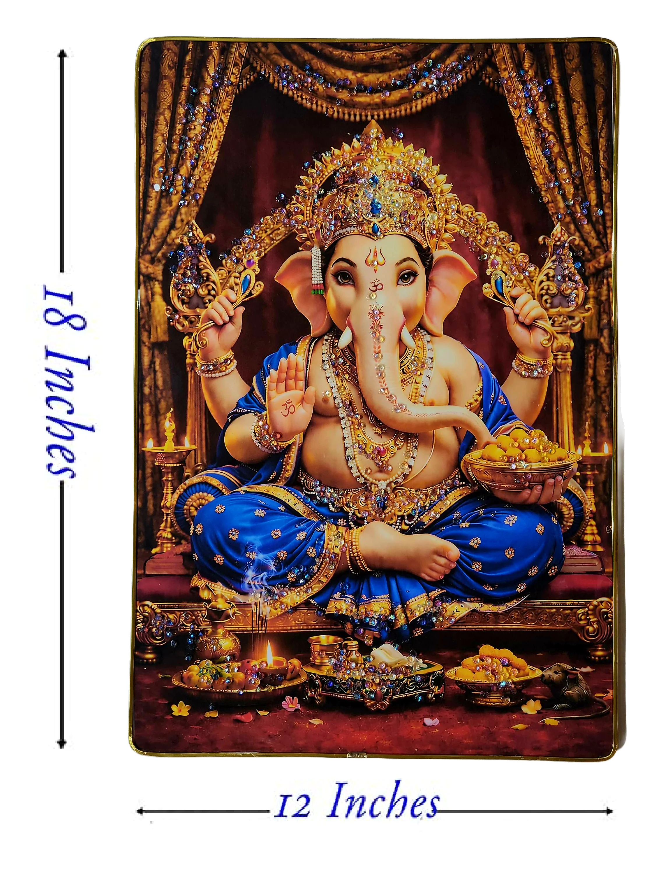 Lord Ganesha Wall Painting with Crystal Stones High Gloss Surface Embedded on Gold Slim Frame Embossed, Wall Hanging Photos Home Décor Wall Art For Living Room, Bedroom, Drawing room  | Size 12 inch x 18 inch - Image 5