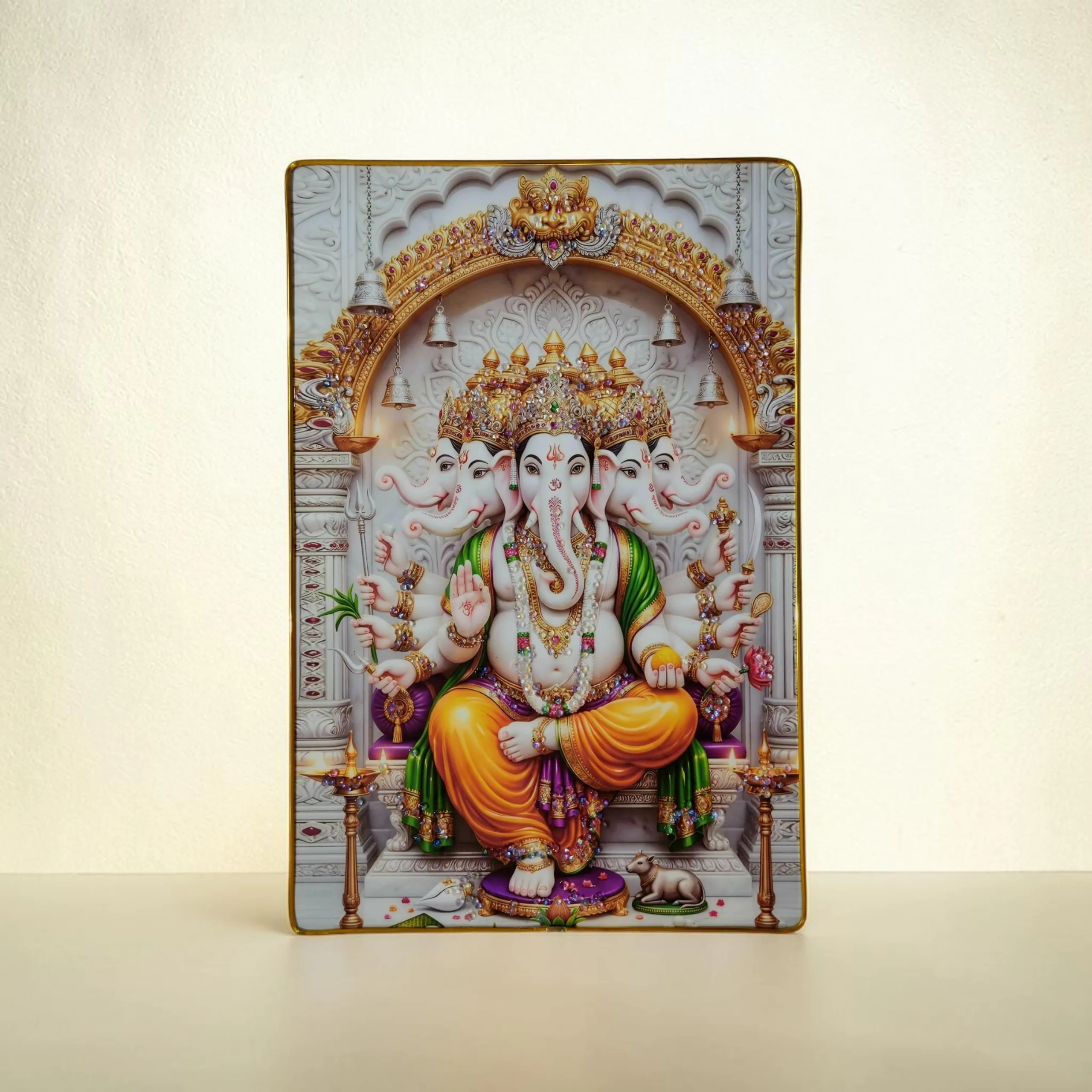 Lord Ganesha Wall Painting with Crystal Stones High Gloss Surface Embedded on Gold Slim Frame Embossed, 45x30 cm Wall Hanging Photos Home Décor Wall Art For Living Room, Bedroom, Drawing room with Golden Frame | Size 12 inch x 18 inch - Image 3