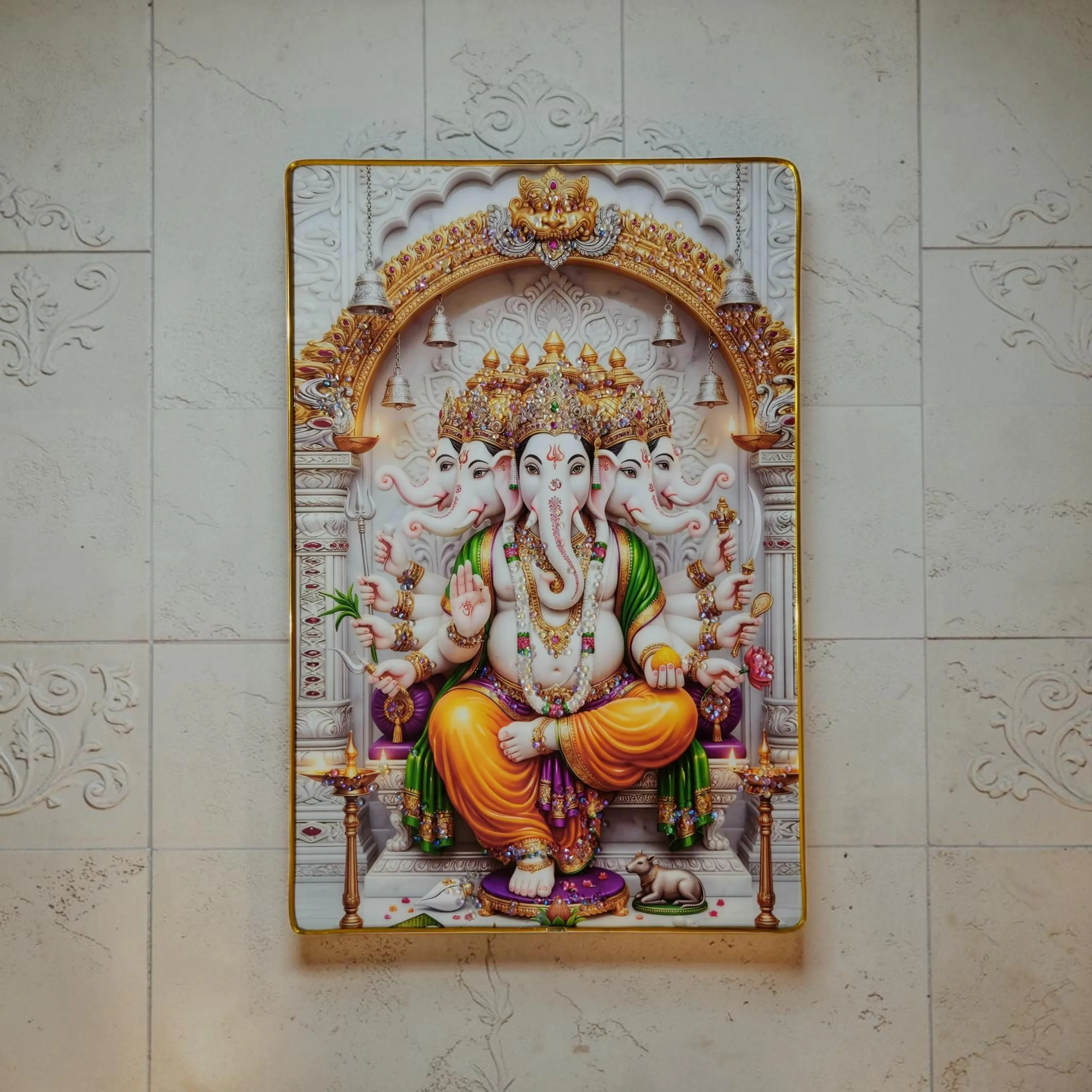 Lord Ganesha Wall Painting with Crystal Stones High Gloss Surface Embedded on Gold Slim Frame Embossed, 45x30 cm Wall Hanging Photos Home Décor Wall Art For Living Room, Bedroom, Drawing room with Golden Frame | Size 12 inch x 18 inch - Image 4