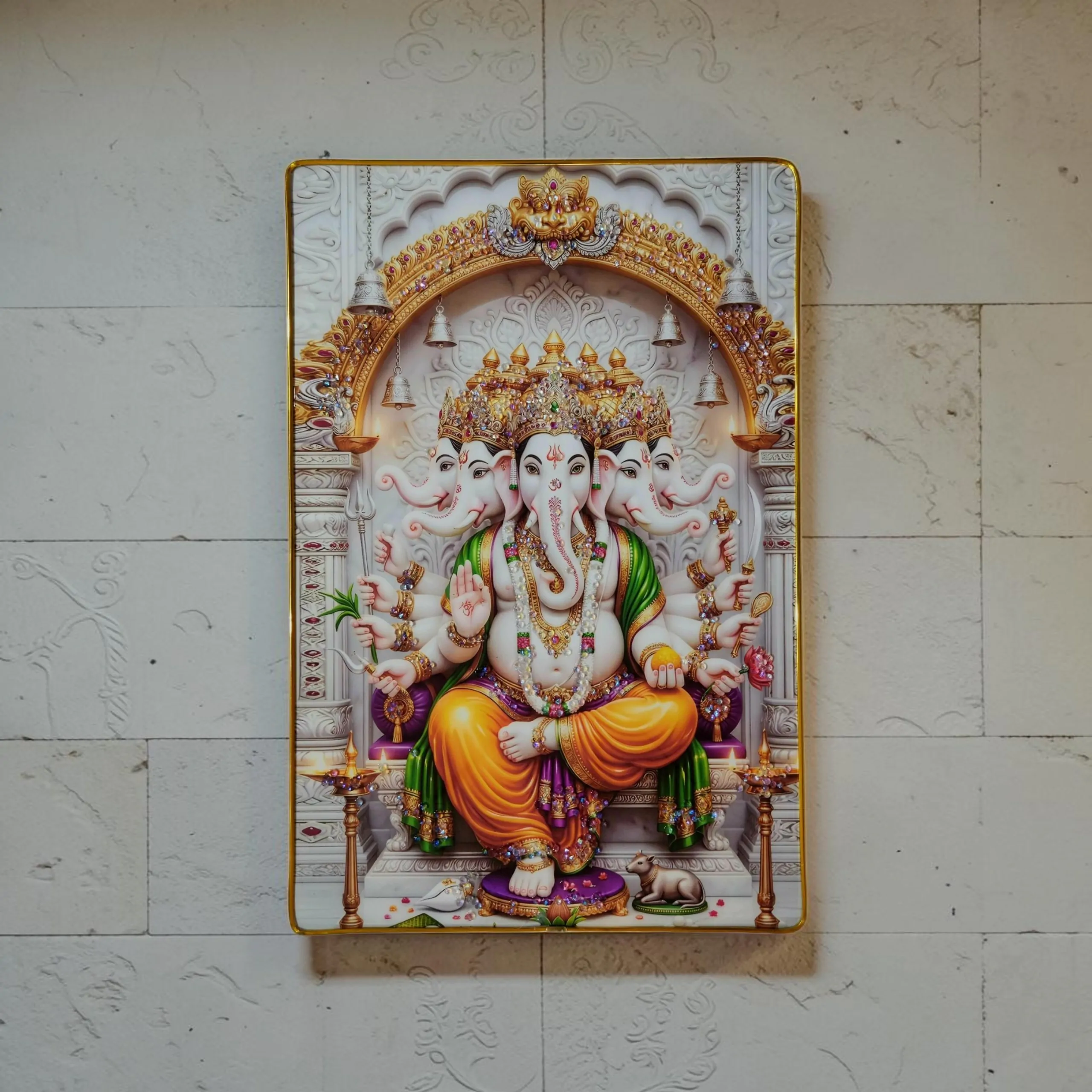 Lord Ganesha Wall Painting with Crystal Stones High Gloss Surface Embedded on Gold Slim Frame Embossed, 45x30 cm Wall Hanging Photos Home Décor Wall Art For Living Room, Bedroom, Drawing room with Golden Frame | Size 12 inch x 18 inch - Image 5