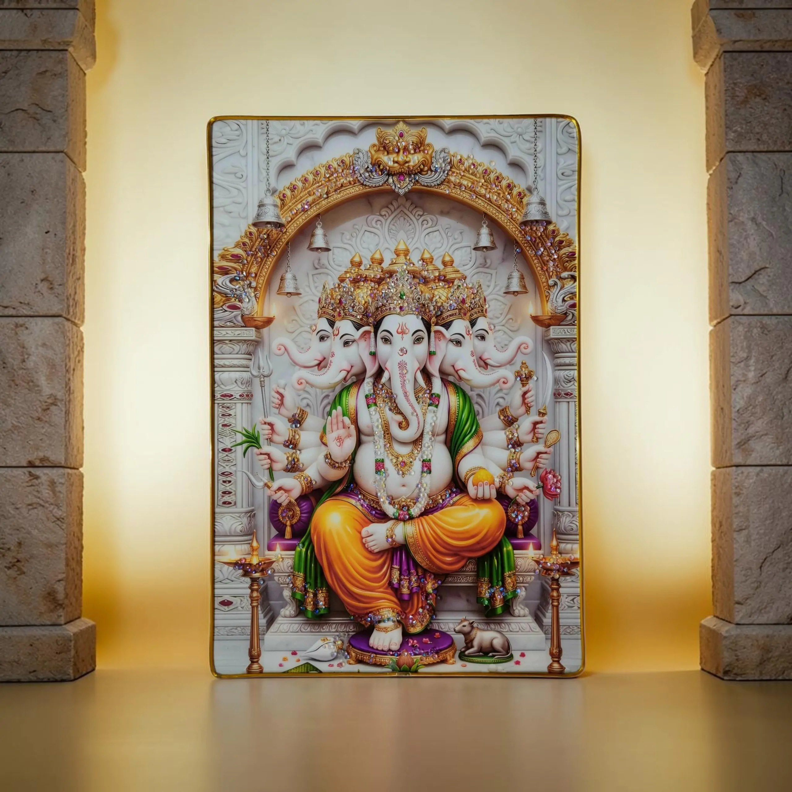 Lord Ganesha Wall Painting with Crystal Stones High Gloss Surface Embedded on Gold Slim Frame Embossed, 45x30 cm Wall Hanging Photos Home Décor Wall Art For Living Room, Bedroom, Drawing room with Golden Frame | Size 12 inch x 18 inch - Image 7