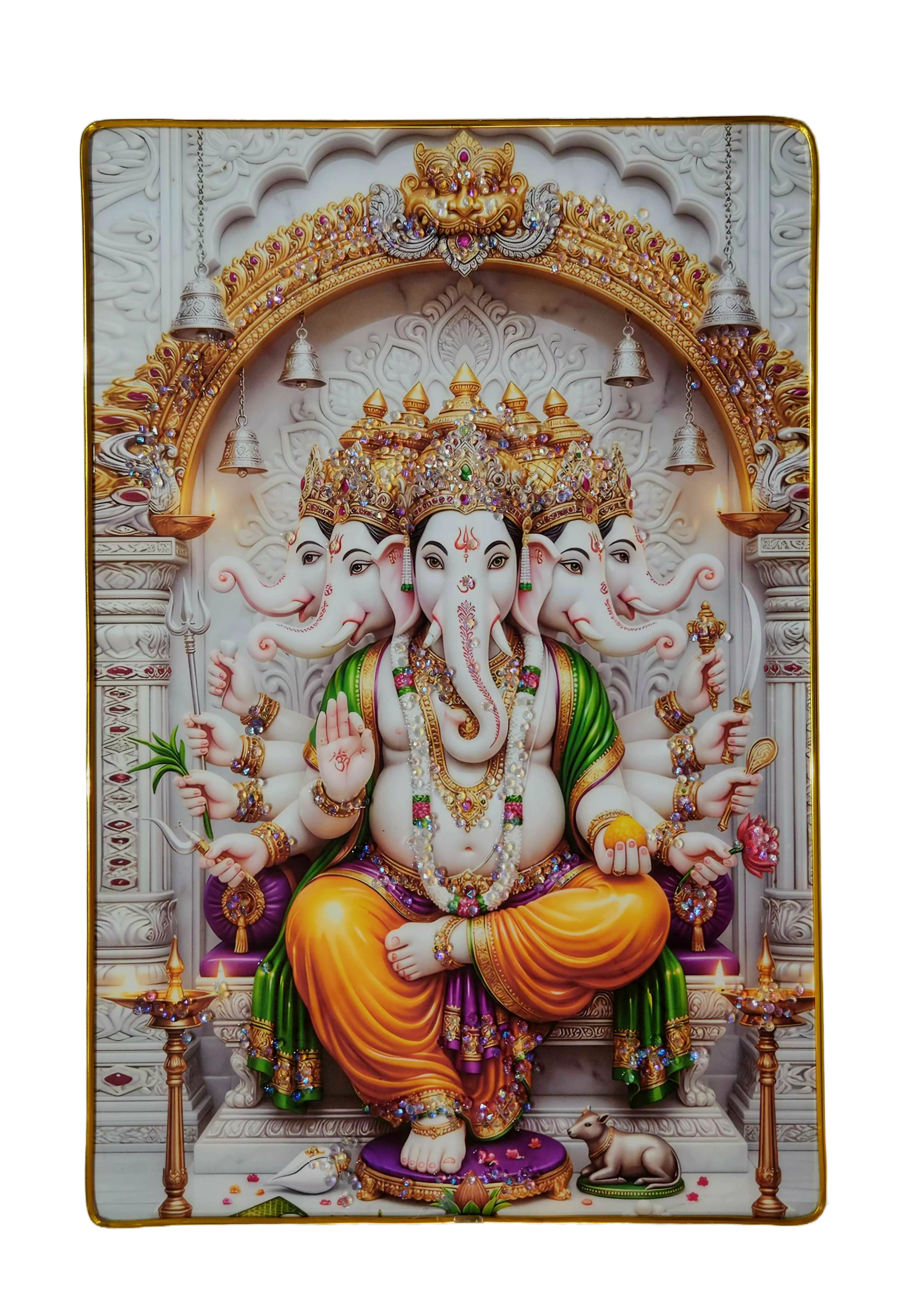 Lord Ganesha Wall Painting with Crystal Stones High Gloss Surface Embedded on Gold Slim Frame Embossed, 45x30 cm Wall Hanging Photos Home Décor Wall Art For Living Room, Bedroom, Drawing room with Golden Frame | Size 12 inch x 18 inch