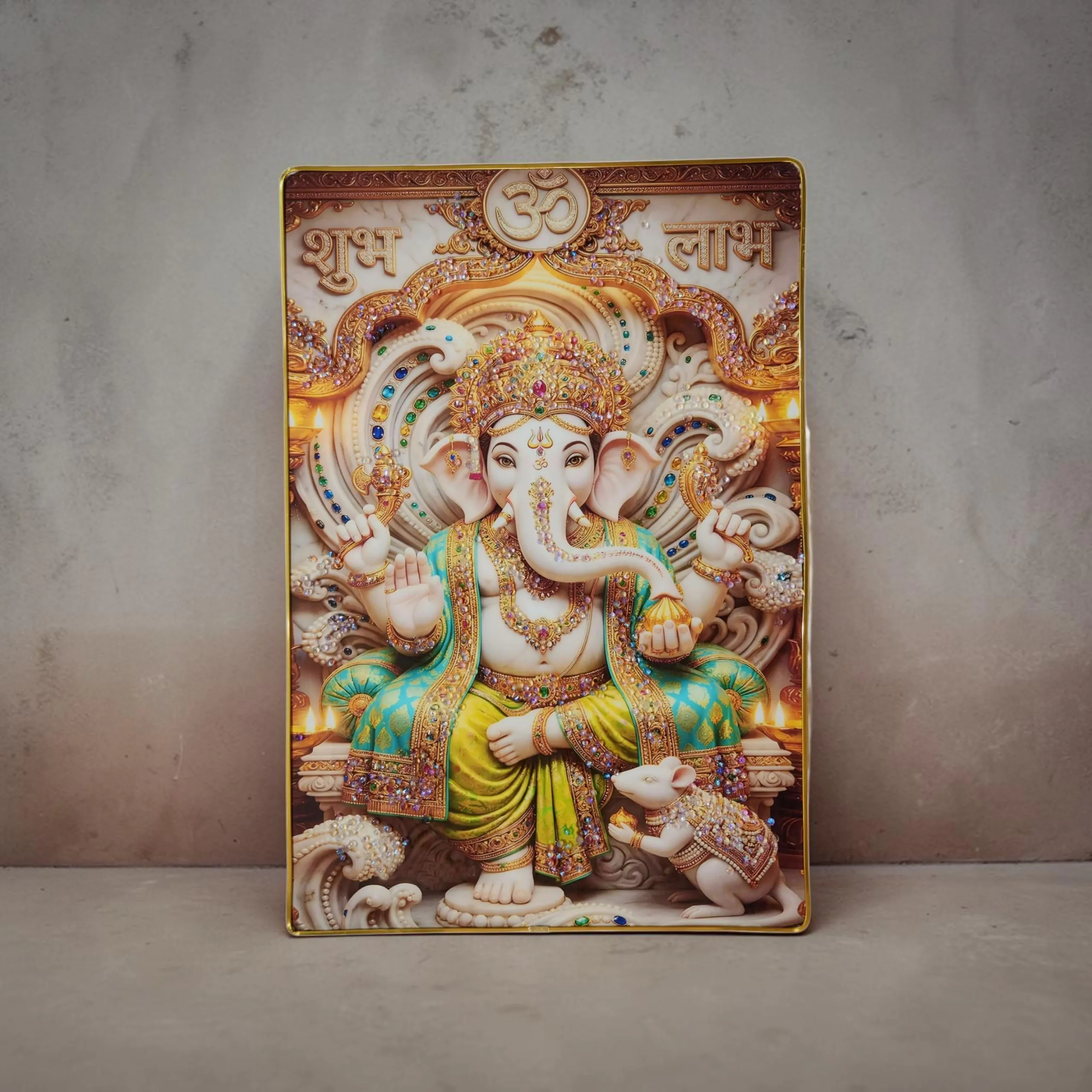 Lord Ganesha Wall Painting with Crystal Stones High Gloss Surface Embedded on Gold Slim Frame Embossed, Wall Hanging Photos Home Décor Wall Art For Living Room, Bedroom, Drawing room  | Size 12 inch x 18 inch - Image 3