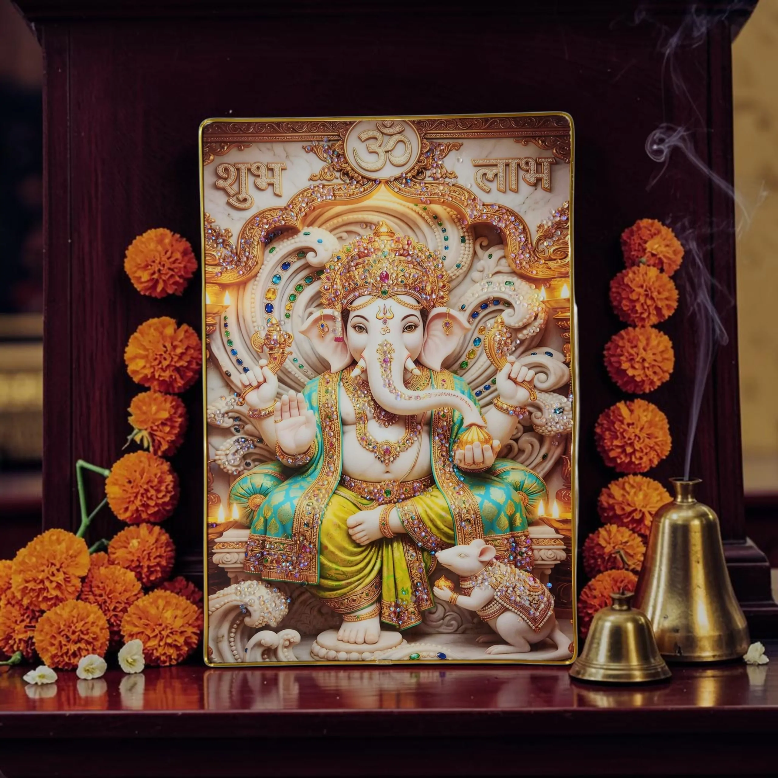 Lord Ganesha Wall Painting with Crystal Stones High Gloss Surface Embedded on Gold Slim Frame Embossed, Wall Hanging Photos Home Décor Wall Art For Living Room, Bedroom, Drawing room  | Size 12 inch x 18 inch - Image 4