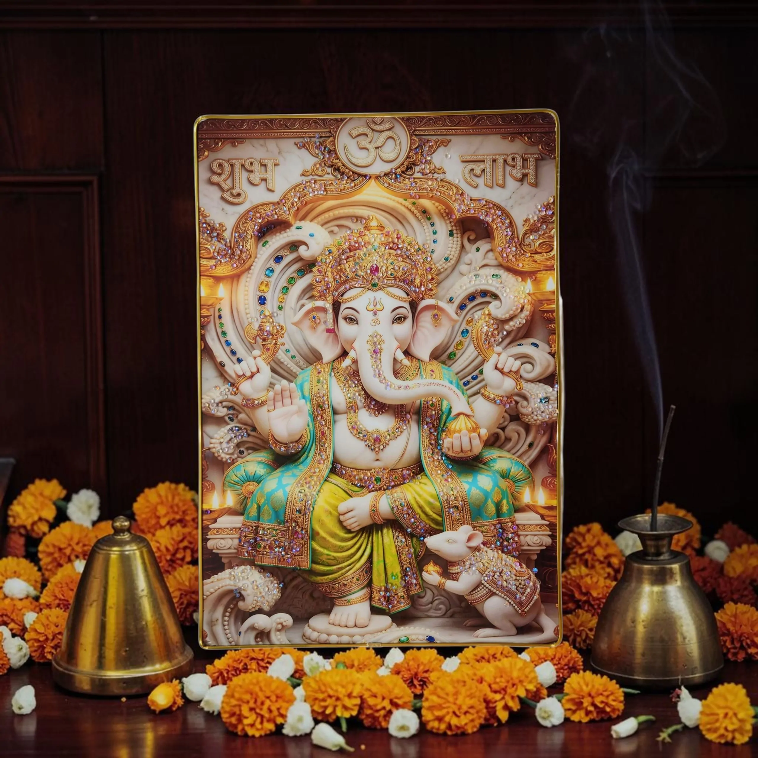 Lord Ganesha Wall Painting with Crystal Stones High Gloss Surface Embedded on Gold Slim Frame Embossed, Wall Hanging Photos Home Décor Wall Art For Living Room, Bedroom, Drawing room  | Size 12 inch x 18 inch - Image 5