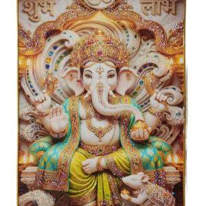 Lord Ganesha Wall Painting with Crystal Stones High Gloss Surface Embedded on Gold Slim Frame Embossed, Wall Hanging Photos Home Décor Wall Art For Living Room, Bedroom, Drawing room  | Size 12 inch x 18 inch