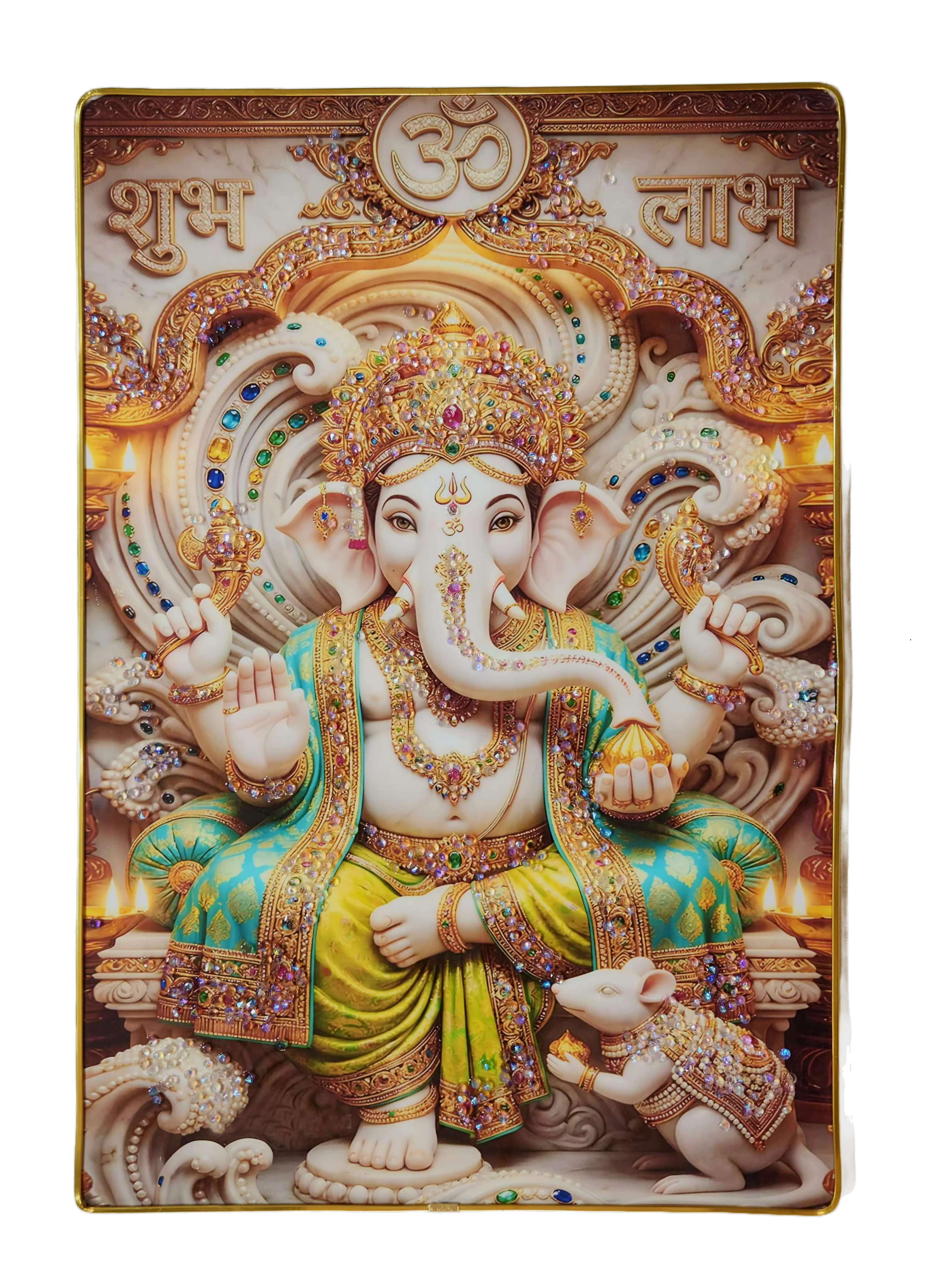 Lord Ganesha Wall Painting with Crystal Stones High Gloss Surface Embedded on Gold Slim Frame Embossed, Wall Hanging Photos Home Décor Wall Art For Living Room, Bedroom, Drawing room  | Size 12 inch x 18 inch