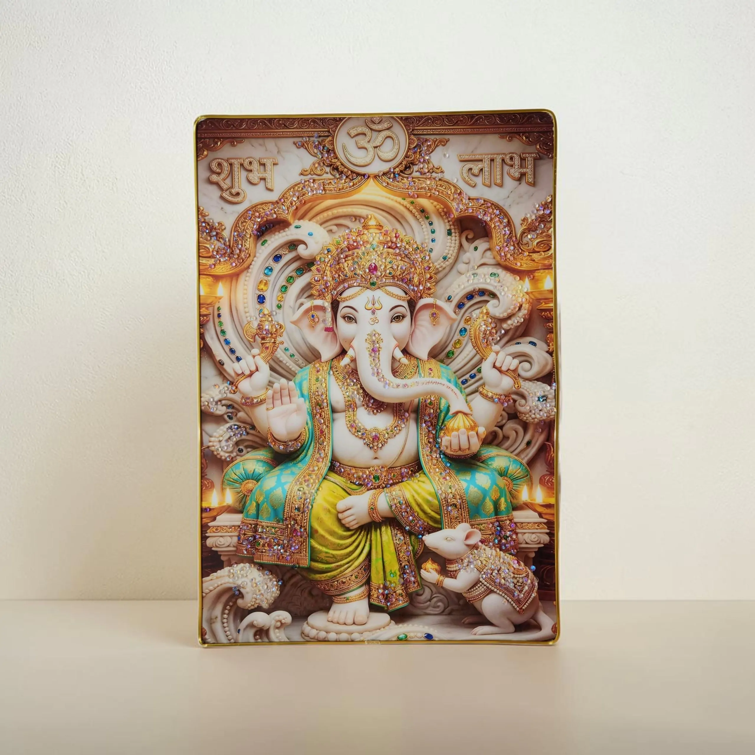 Lord Ganesha Wall Painting with Crystal Stones High Gloss Surface Embedded on Gold Slim Frame Embossed, Wall Hanging Photos Home Décor Wall Art For Living Room, Bedroom, Drawing room  | Size 12 inch x 18 inch - Image 6