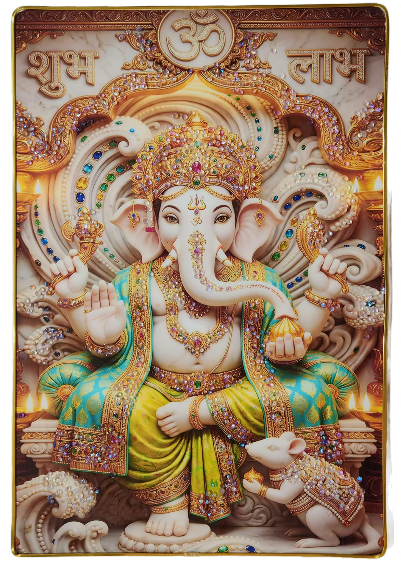 Lord Ganesha Wall Painting with Crystal Stones High Gloss Surface Embedded on Gold Slim Frame Embossed, Wall Hanging Photos Home Décor Wall Art For Living Room, Bedroom, Drawing room  | Size 12 inch x 18 inch - Image 7