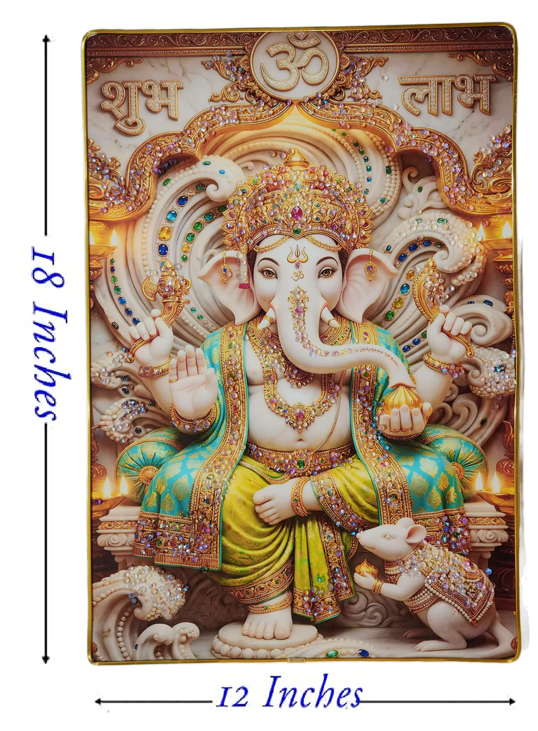 Lord Ganesha Wall Painting with Crystal Stones High Gloss Surface Embedded on Gold Slim Frame Embossed, Wall Hanging Photos Home Décor Wall Art For Living Room, Bedroom, Drawing room  | Size 12 inch x 18 inch - Image 8