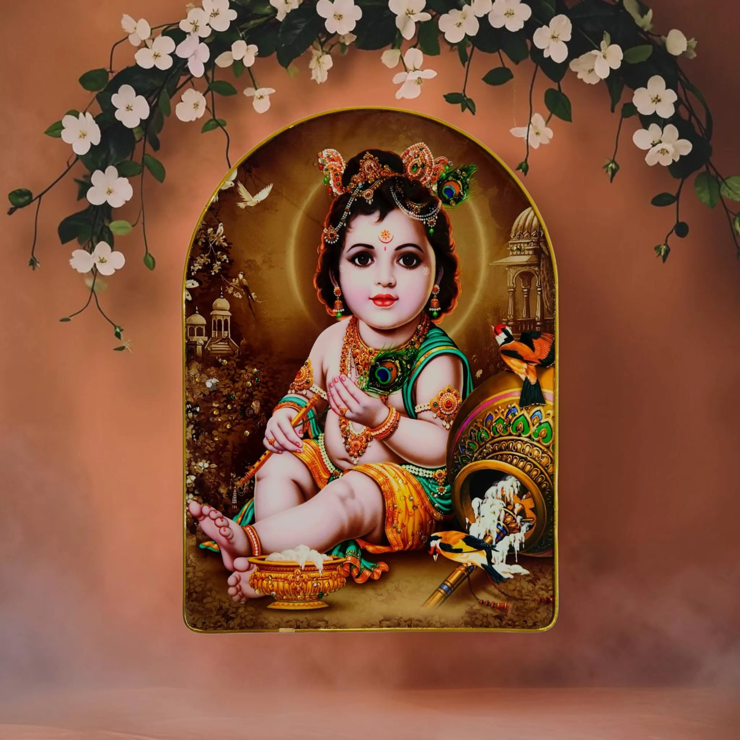 Premium Epoxy Glossy Crystal Baby Bal Krishna Painting with Gold Slim Frame | Laddu Gopal Wall Art for Home, Pooja Room & Temple | Ready to Hang - Image 3