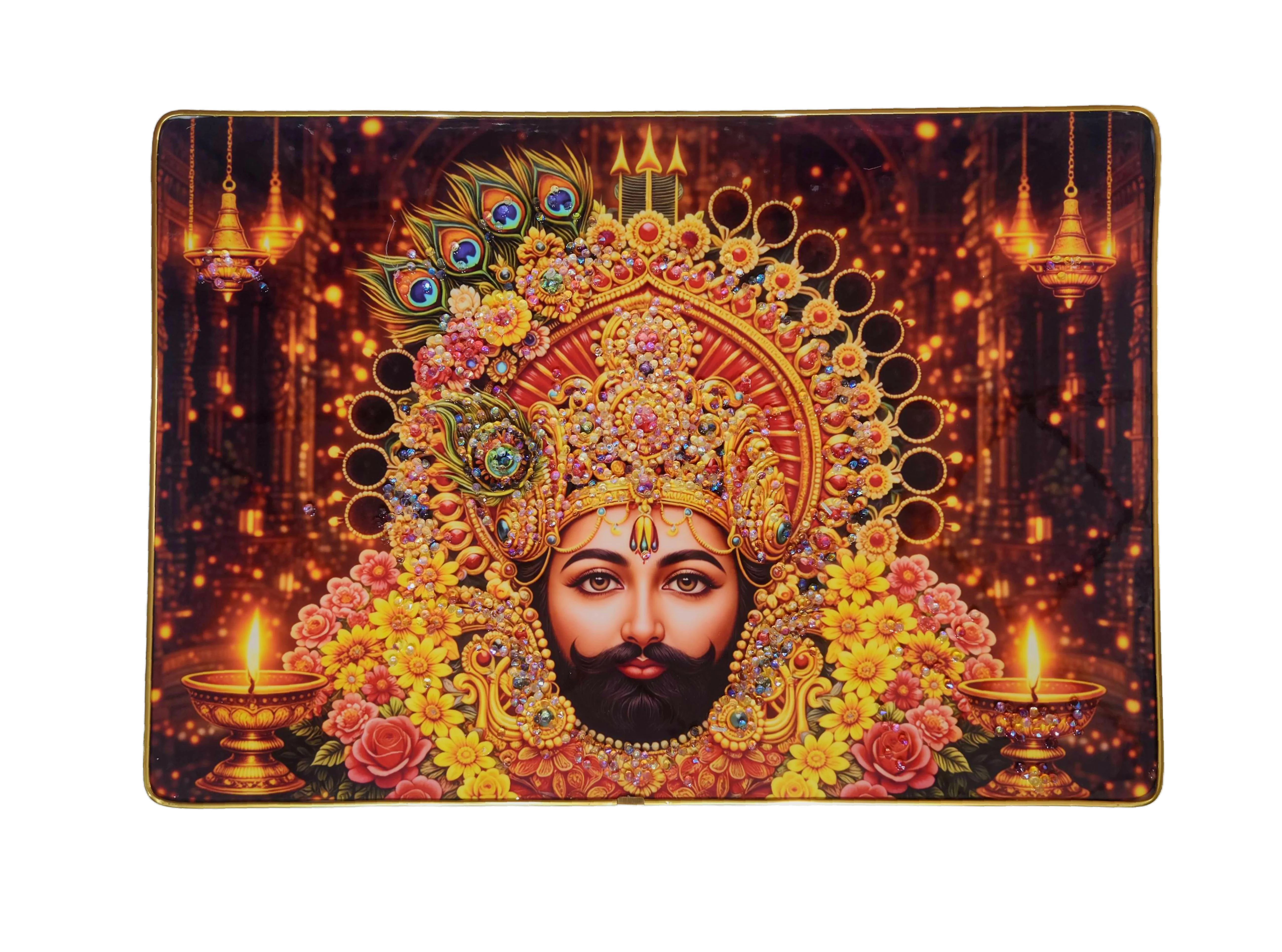 Khattu Shyam Baba crystal stone Painting Embedded with Golden Frame | Size 12 inch x 18 inch