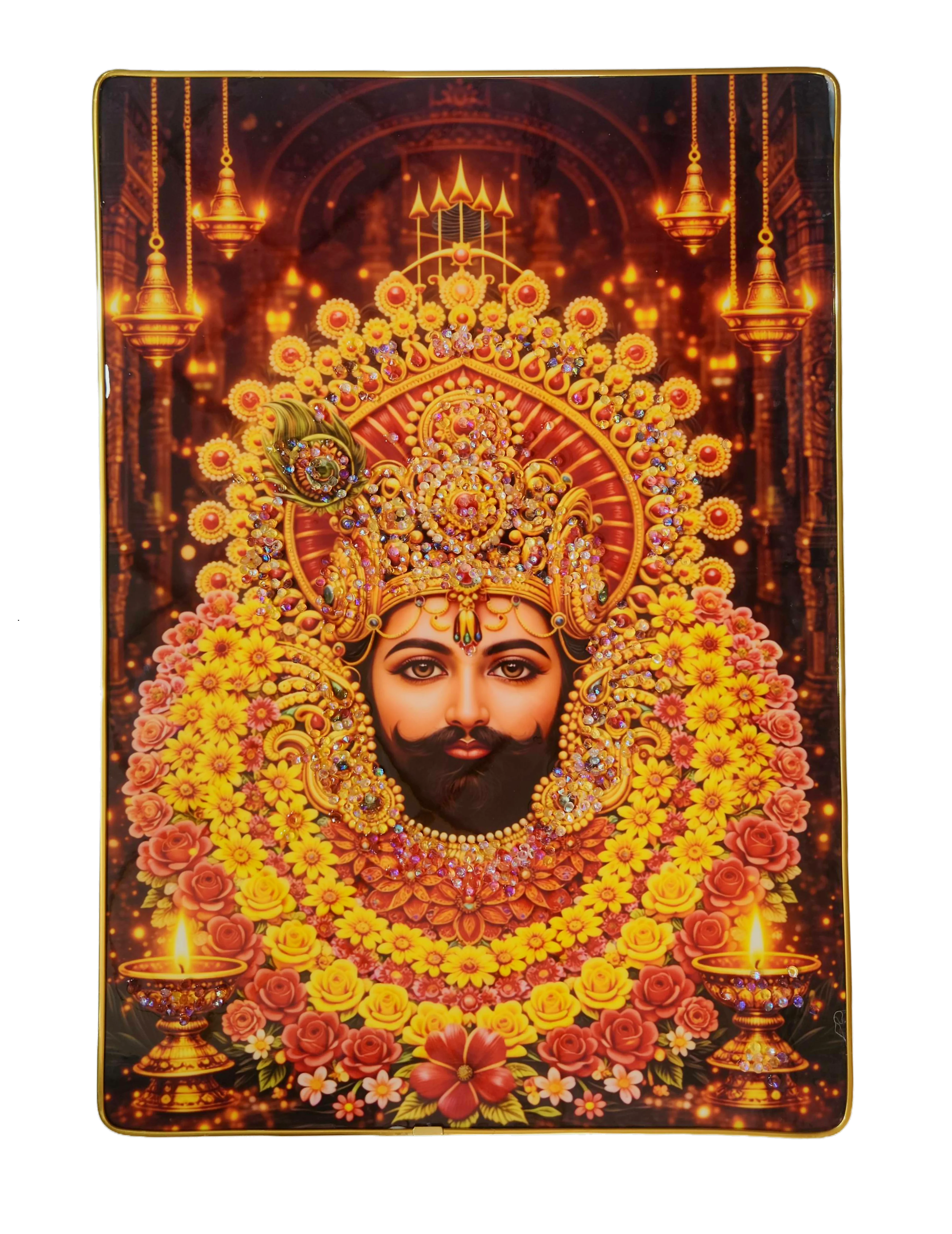 Khattu Shyam Baba crystal stone Painting Embedded with Golden Frame | Size 12 inch x 18 inch