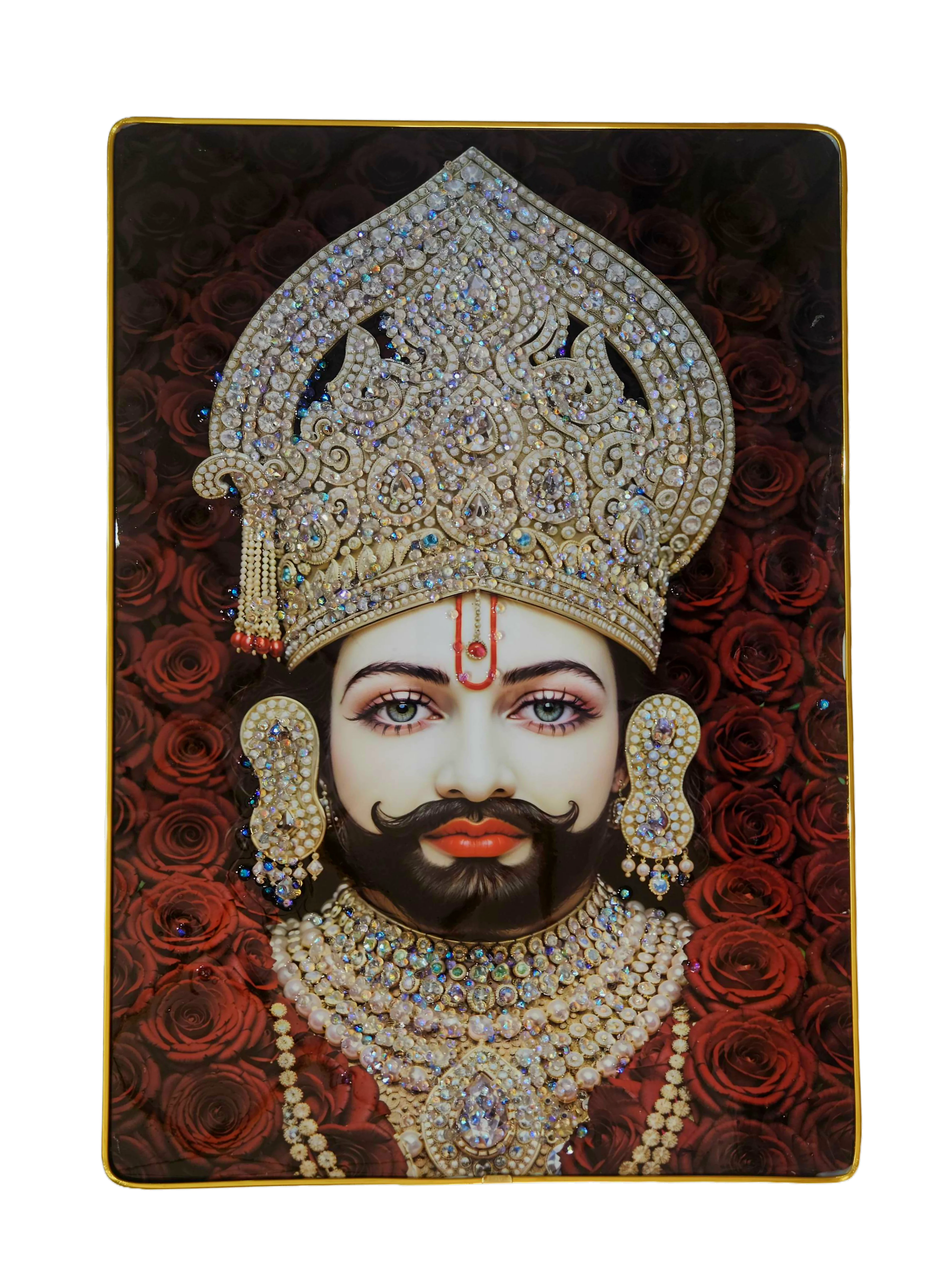 Khattu Shyam Baba crystal stone Painting Embedded with Golden Frame | Size 12 inch x 18 inch