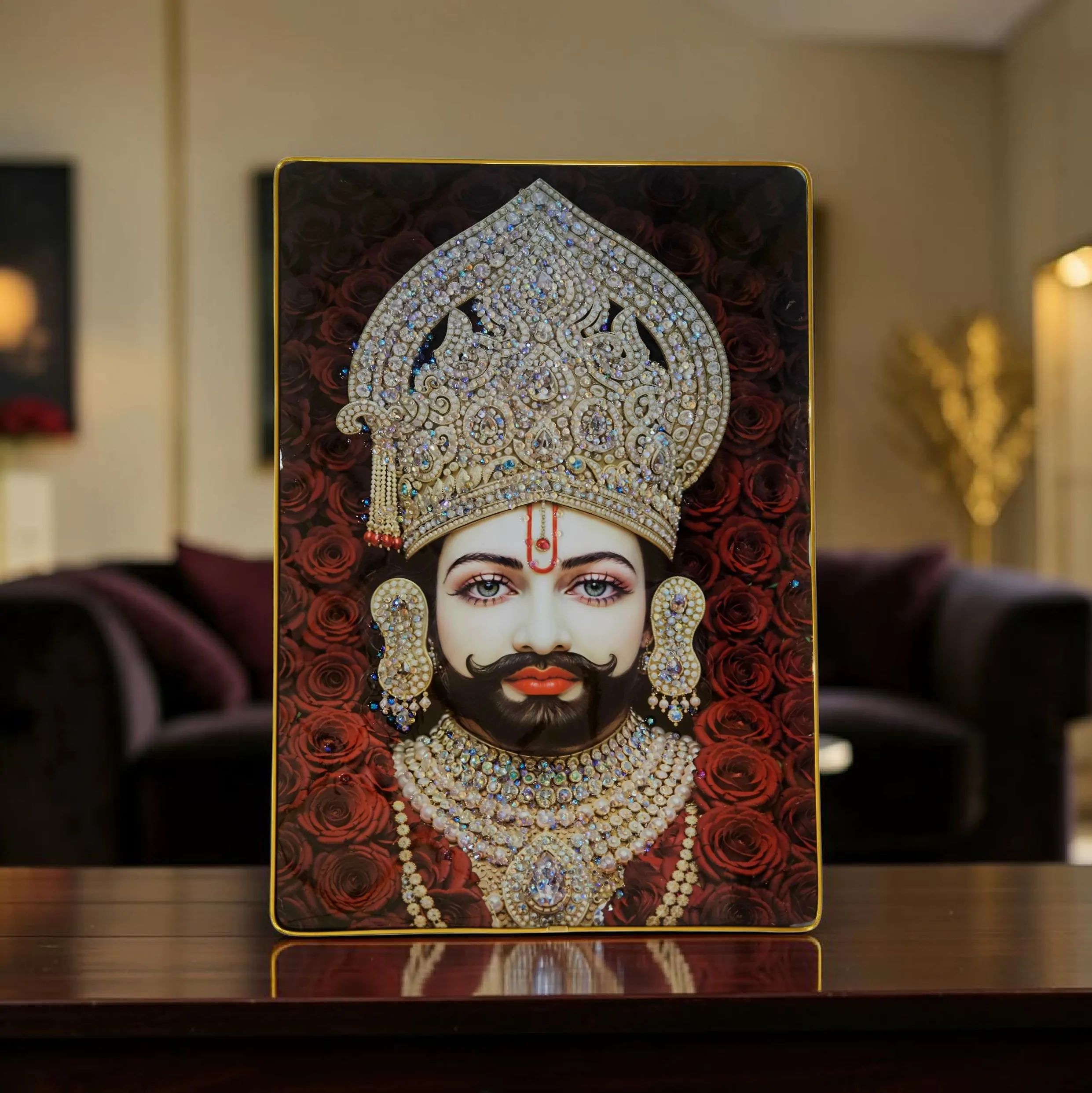 Khattu Shyam Baba crystal stone Painting Embedded with Golden Frame | Size 12 inch x 18 inch - Image 5