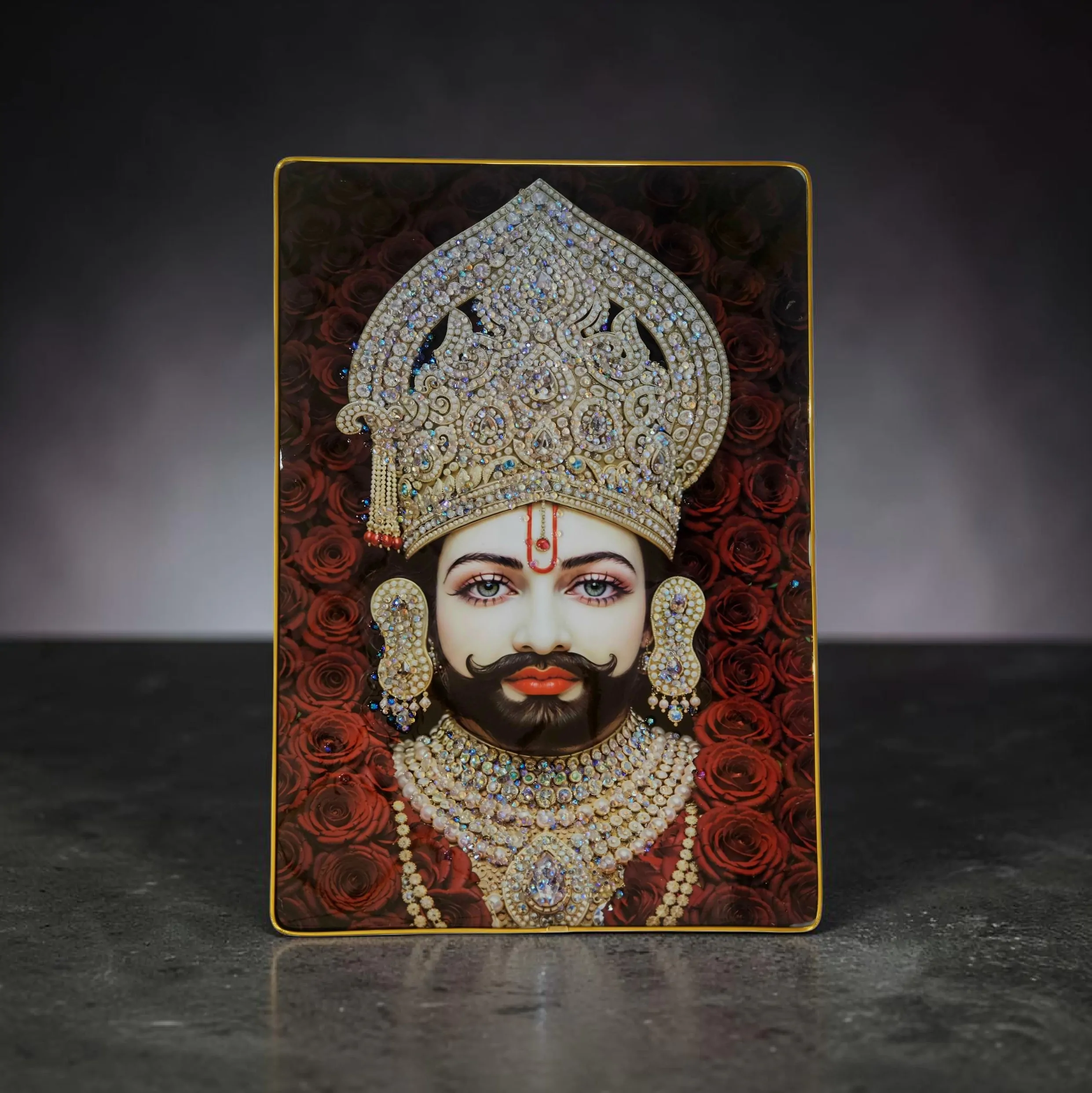 Khattu Shyam Baba crystal stone Painting Embedded with Golden Frame | Size 12 inch x 18 inch - Image 3