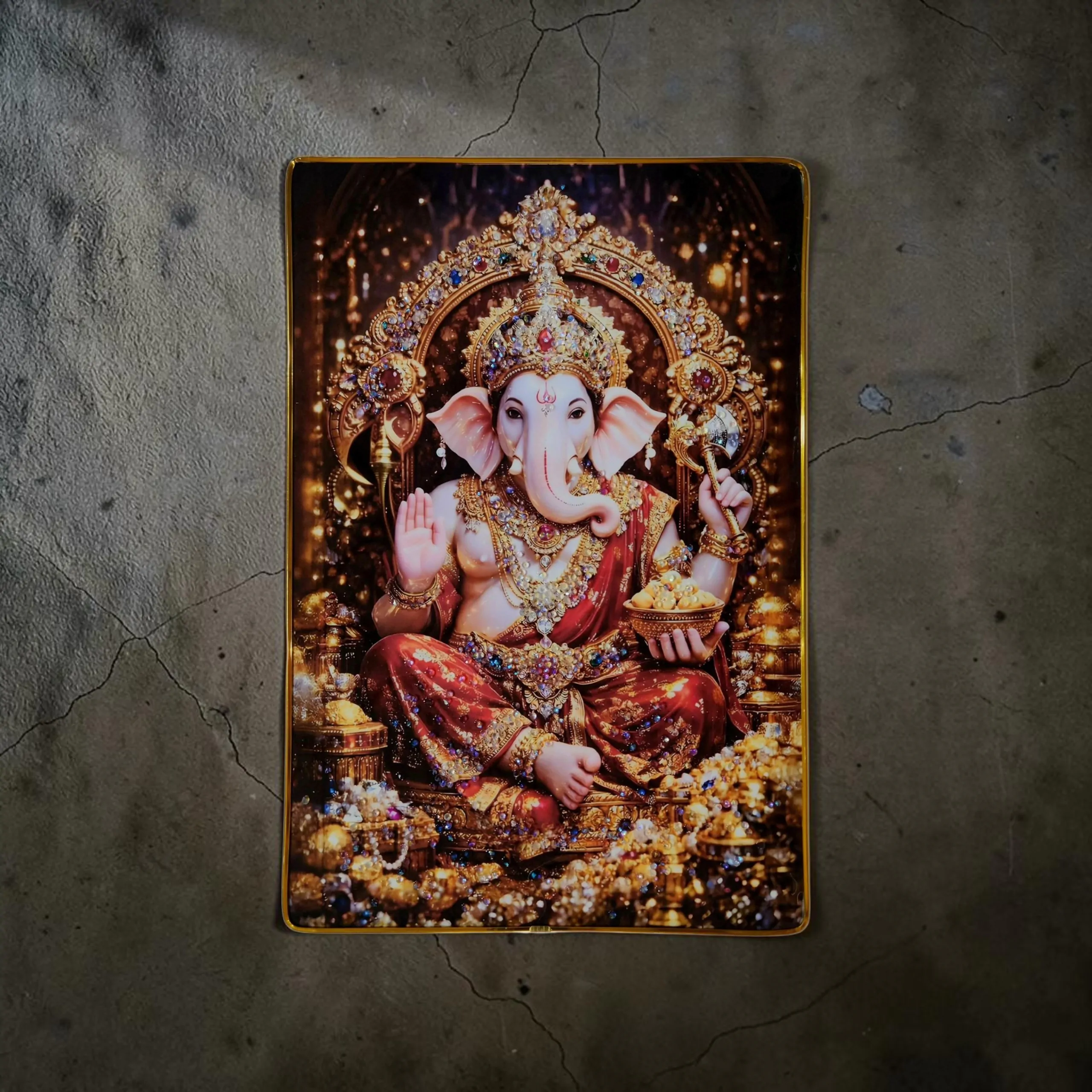 Lord Ganesha Wall Painting with Crystal Stones High Gloss Surface Embedded on Gold Slim Frame Embossed, Wall Hanging Photos Home Décor Wall Art For Living Room, Bedroom, Drawing room | Size 12 inch x 18 inch - Image 3