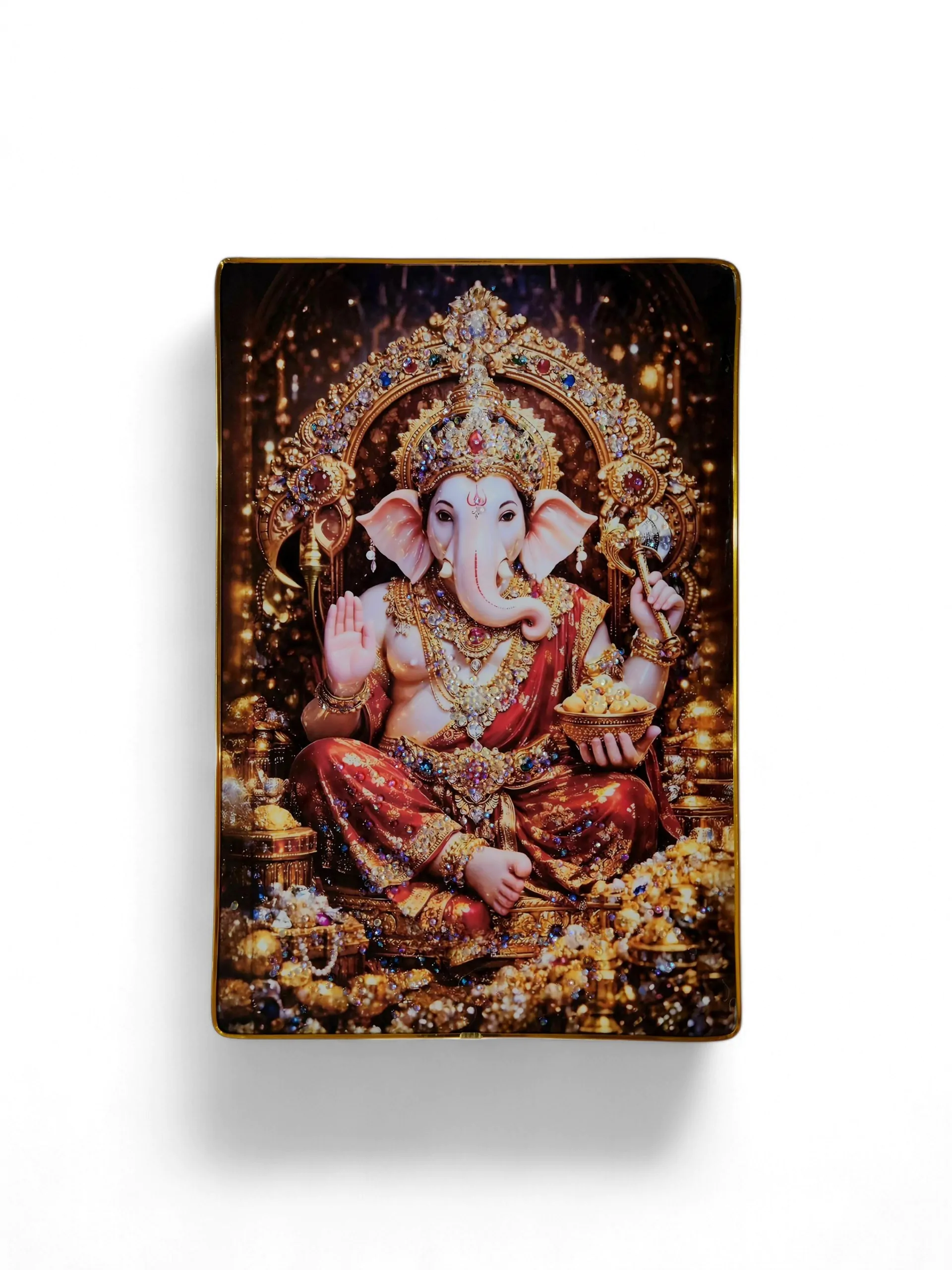 Lord Ganesha Wall Painting with Crystal Stones High Gloss Surface Embedded on Gold Slim Frame Embossed, Wall Hanging Photos Home Décor Wall Art For Living Room, Bedroom, Drawing room | Size 12 inch x 18 inch - Image 4
