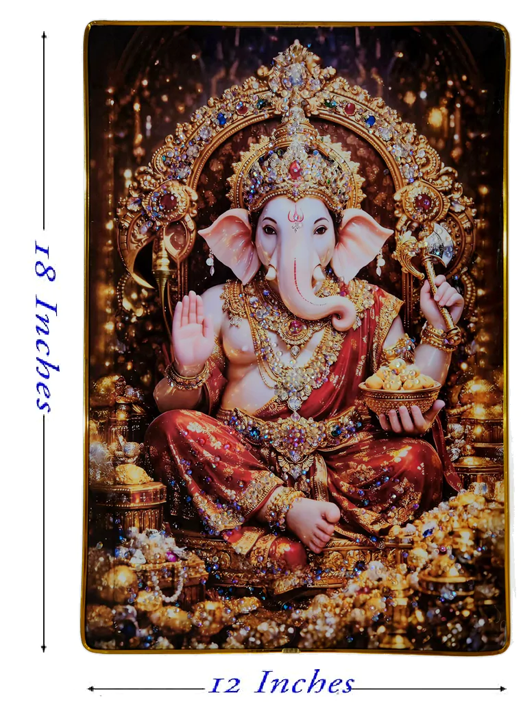 Lord Ganesha Wall Painting with Crystal Stones High Gloss Surface Embedded on Gold Slim Frame Embossed, Wall Hanging Photos Home Décor Wall Art For Living Room, Bedroom, Drawing room  | Size 12 inch x 18 inch - Image 7