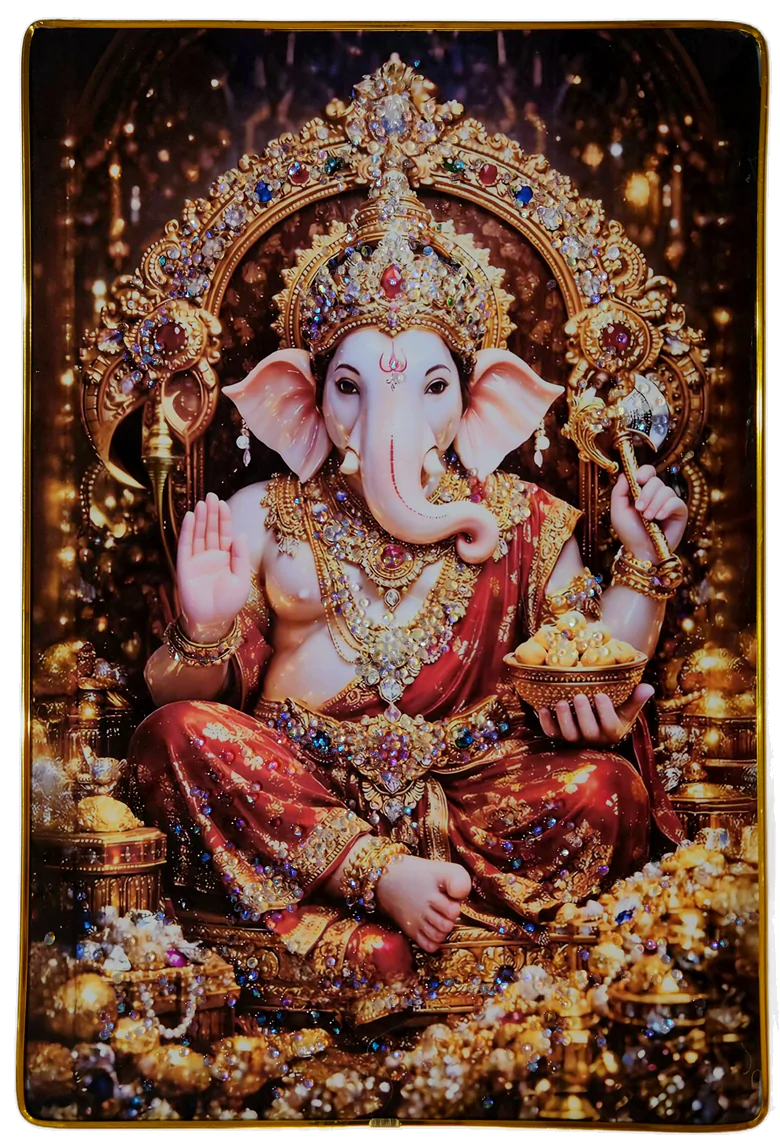 Lord Ganesha Wall Painting with Crystal Stones High Gloss Surface Embedded on Gold Slim Frame Embossed, Wall Hanging Photos Home Décor Wall Art For Living Room, Bedroom, Drawing room | Size 12 inch x 18 inch - Image 5